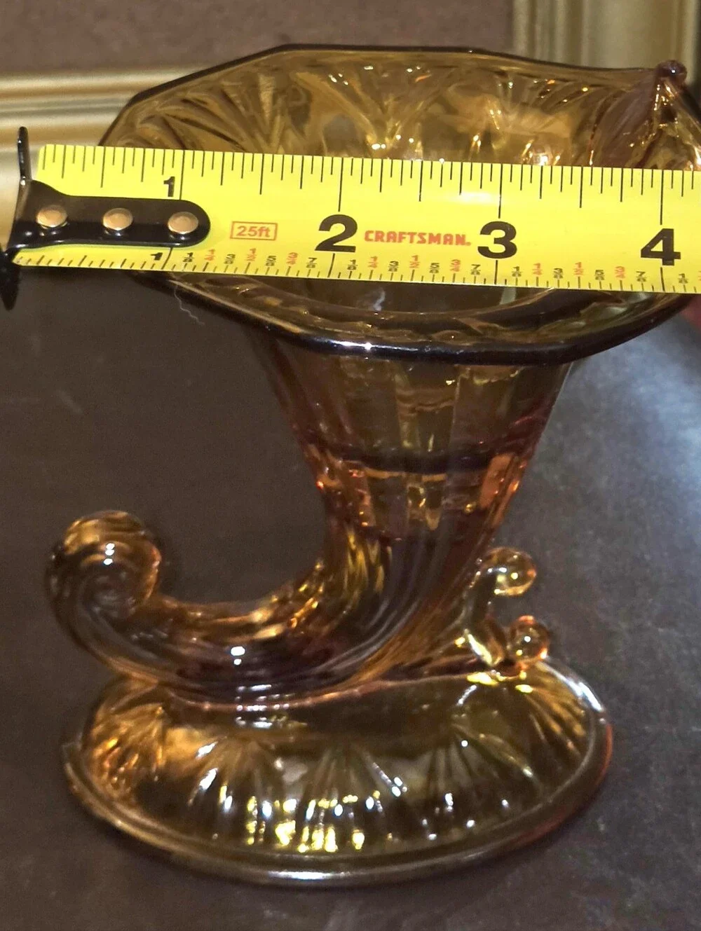 Set of Fenton Amber Glass Cornucopia Candleholders w Ruffled Rims & Fluted Base